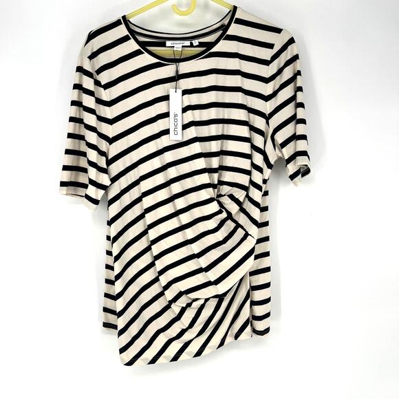 Chicos Touch Of Cool Stripe Draped Front Tee Short Sleeve Knit Black White Large - Picture 1 of 8